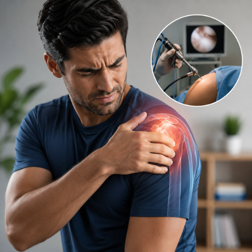 Person holding their shoulder in pain, illustrating persistent shoulder pain that may require arthroscopic evaluation.